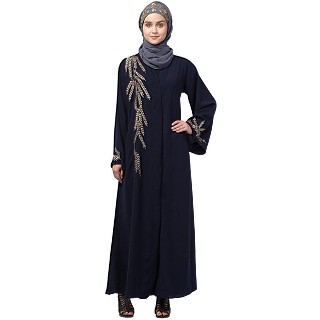 Front open abaya with side embroidery work- Navy Blue